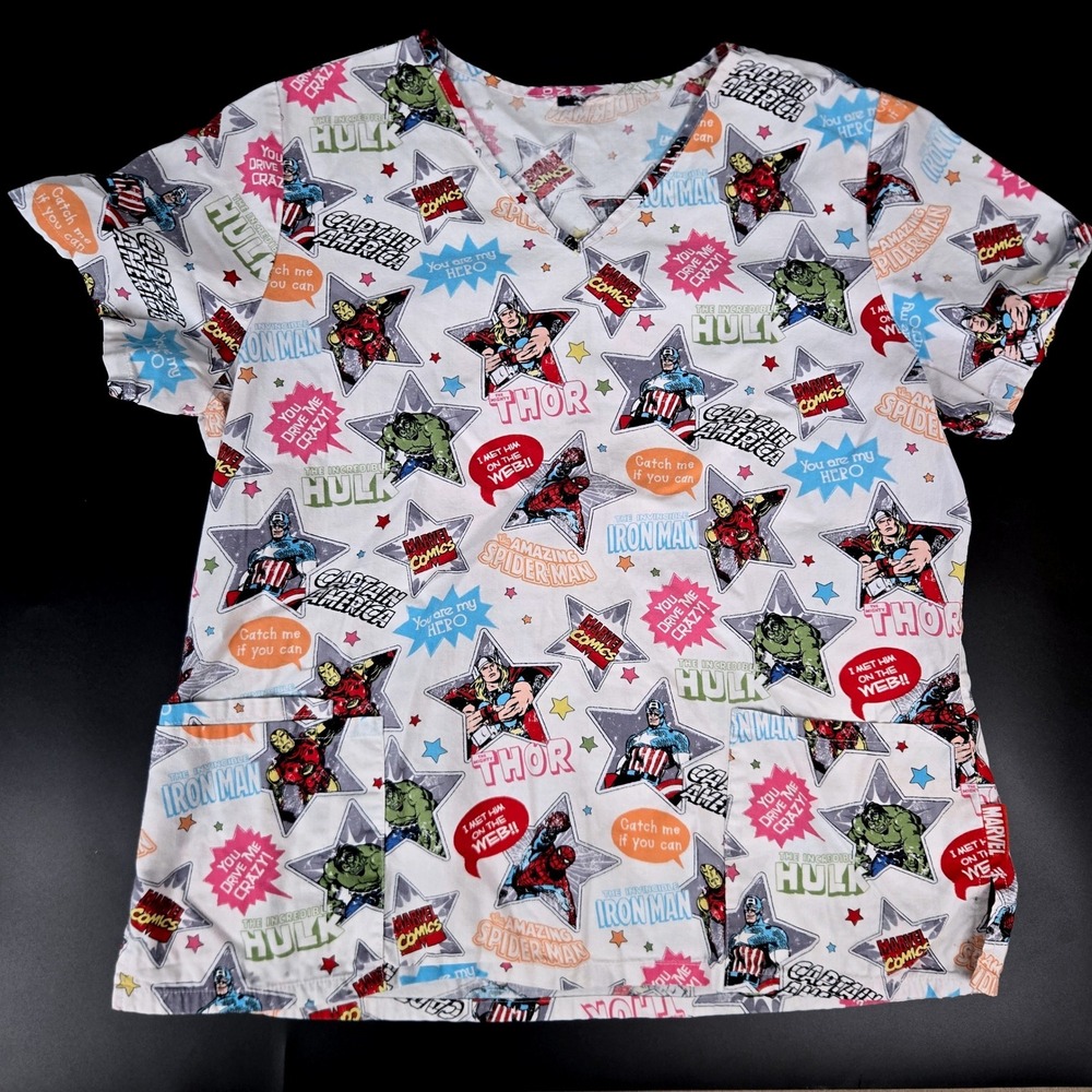 Marvel Comics Avengers Scrub Top Womens L V-Neck Superhero Print Pockets